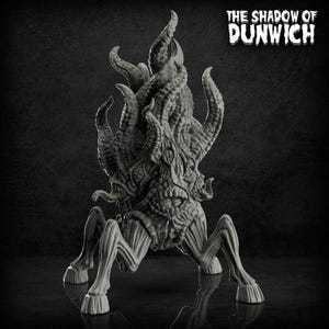 May include: A detailed, grayscale sculpture of a creature with multiple tentacles and a complex, textured body. The sculpture has four leg-like structures and a central eye. The text "THE SHADOW OF DUNWICH" is at the top.