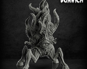 May include: A detailed, grayscale sculpture of a creature with multiple tentacles and a complex, textured body. The sculpture has four leg-like structures and a central eye. The text "THE SHADOW OF DUNWICH" is at the top.