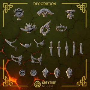 May include: A collection of miniature fantasy-themed decorations, including swords, shields, and decorative pieces. The items are in a neutral color and are arranged on a textured background. The word "DECORATION" is at the top.