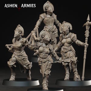 May include: A collection of grey figurines depicting armoured figures, some wielding weapons and chains. The figures are wearing helmets and armour, with crosses on their chests. The text "ASHEN ARMIES" is visible at the top.