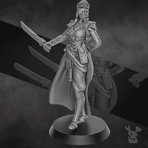 May include: A grayscale figurine of a female figure in a military-style uniform, holding a sword. The figure wears a gas mask and a peaked cap. The uniform includes a long coat, a utility belt, and knee-high boots. The figure stands on a circular base.