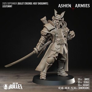 Könnte beinhalten: Unbemalte Miniaturfigur eines Samurai-Leutnants aus der "Bullet Crusade: Holy Shogunate" Serie. Die Figur hält ein Katana. Die Basis ist 32mm, der Maßstab ist 32mm, und die Höhe ist 33mm. Abmessungen: 42,46 x 40,16 x 15,34mm. Von Ashen Armies.
