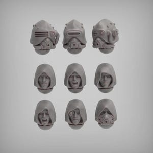May include: A set of nine 3D printed miniature heads for tabletop gaming. The heads feature different styles of helmets and hoods, with various facial expressions.