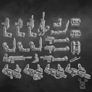 May include: A collection of gray miniature weapon and arm components, including rifles, pistols, knives, and backpacks. The arms are sculpted with muscular detail, and the weapons have intricate designs. Ideal for miniature gaming or model building.