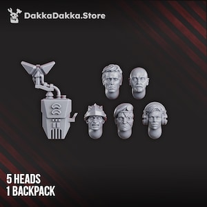 Op de afbeelding: Een verzameling grijze miniatuurhoofden en een rugzak. De hoofden tonen verschillende uitdrukkingen en stijlen, waaronder een kaal hoofd, een hoofd met baret en een hoofd met een koptelefoon. De tekst luidt "5 HEADS 1 BACKPACK".