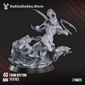 May include: A grey miniature figure of a warrior on a futuristic vehicle. The figure has detailed armour and weapons. The base is 40 mm from bottom to eyes. The product is made of 7 parts. The DakkaDakka.Store logo is in the top left corner.