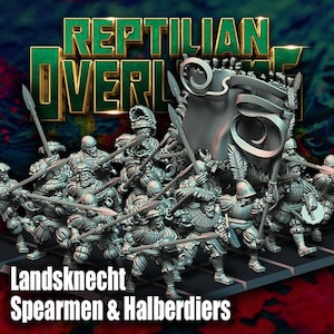 Puede incluir: Un grupo de figuras en miniatura de Landsknecht Spearmen & Halberdiers, en una combinación de colores gris, se representa en una pose dinámica. Las figuras sostienen lanzas y alabardas, con el texto "REPTILIAN OVERLORD" y "Landsknecht Spearmen & Halberdiers".