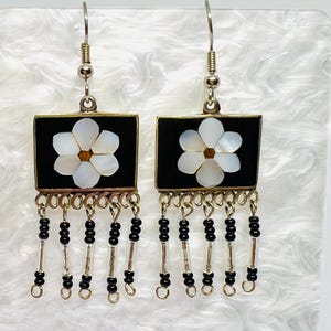 Vintage Alpaca Mexico sliver tone mother of pearl tassel earrings hook wire
