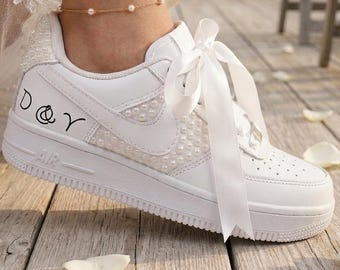 Pearl Bridal Sneakers Personalized Wedding Shoes Satin Lace Bride Initials