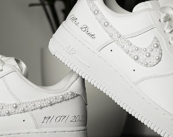 Custom Bling AF1 Bridal Wedding Shoes | Personalized Name & Date | Satin Ribbon Laces