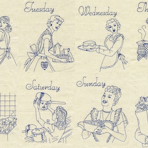 Vintage Redwork Housewives  Embroidery Design Set - Machine Embroidery Designs