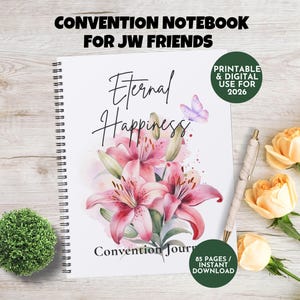 Diario de la Convención Floral para Amigos de los Testigos de Jehová: Tema Felicidad Eterna 2026, Cuaderno de Estudio Guiado Imprimible y Digital con Diseño de Lirios Rosas