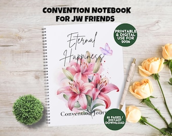 Floral Convention Journal for JW Friends: 2026 Eternal Happiness Theme, Printable and Digital Guided Study Notebook in Pink Lilies Design