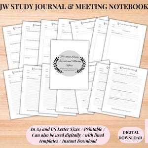 May include: A collection of white printable study journals and meeting notebooks. The notebooks have lined pages and are designed for personal study and meeting notes. The text "JW STUDY JOURNAL & MEETING NOTEBOOK" is at the top. The text "Personal Study Journal and Meeting Notes" is in the center.
