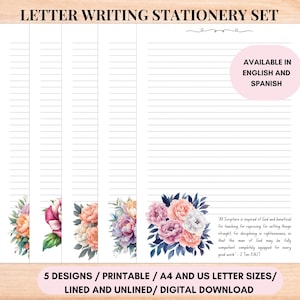 Printable Peony Flower Letter Writing Stationery Set with Scripture in English and Spanish, A4 and US Letter Lined Unlined, Instant Download
