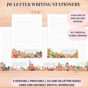 Papelaria para impressão de cartas JW com design de flores tropicais e escrituras em inglês e espanhol, carta americana A4 pautada e sem linhas, download instantâneo