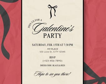 Black Bow Galentine's Invitation - Chic Evite Canva Template (Digital Download)