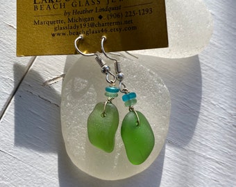 Vibrant Spring Green Authentic Lake Superior Beach Glass  Earrings