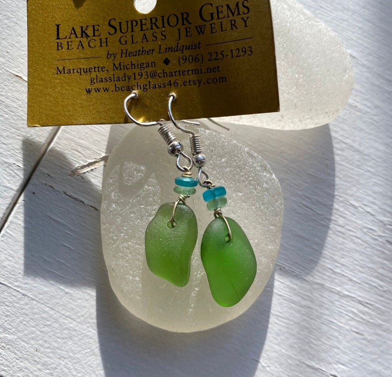 Vibrant Spring Green Authentic Lake Superior Beach Glass Earrings image 1