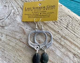 Authentic Lake Superior Black Rocks earrings with silver vintage beer pull  tabs