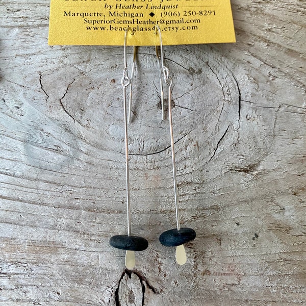 Lake Superior Speared Zen Stone Dangle Earrings in basalt and silver