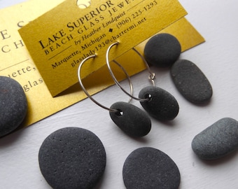 Simple Lake Superior Oval Basalt Zen Stone Hoop Earrings Heather Grey