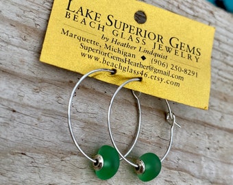 Vibrant Emerald Green Lake Superior Beach Glass Hoop Earrings Sterling