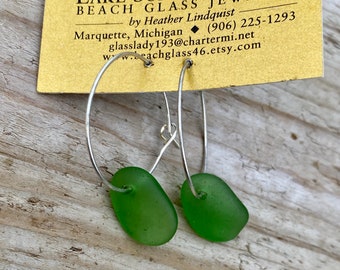 Vibrant Green Lake Superior Beach Glass Hoop Earrings Sterling