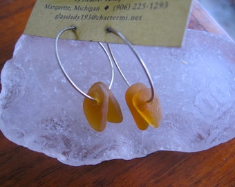 Wonderful Double Amber Orange Lake Superior Beach Glass Hoop Earrings