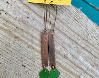 FUN Lake Superior Green Beach Glass Earrings Dangling from Textured Copper Elongated Rectangles