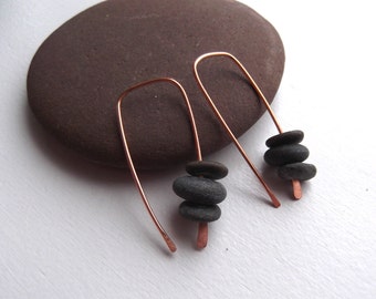 Lake Superior Basalt Stone Earrings: Hammered Copper, Pebbles, Modern Zen Style