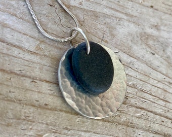 Lake Superior Basalt Perfect Balance Oval Zen Stone Pendant Over Hammered Silver Circle