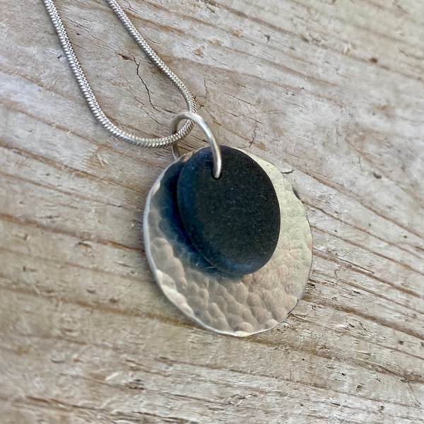 Lake Superior Basalt Perfect Balance Oval Zen Stone Pendant Over Hammered Silver Circle