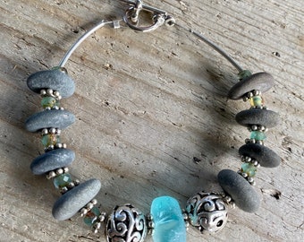 Chunky Authentic Rare Aqua Lake Superior Beach Glass and Beach Pebble Bracelet