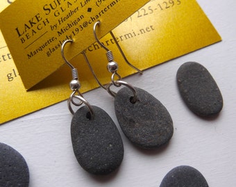 Lake Superior BASALT Zen Stone Earrings Handcrafted Silver Link Dangle