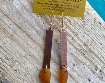 FUN Lake Superior Amber Beach Glass Earrings Dangling from Textured Copper Elongated Rectangles