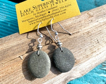 Lake Superior BASALT  Grey Zen Stone Earrings Handcrafted Silver Dangle