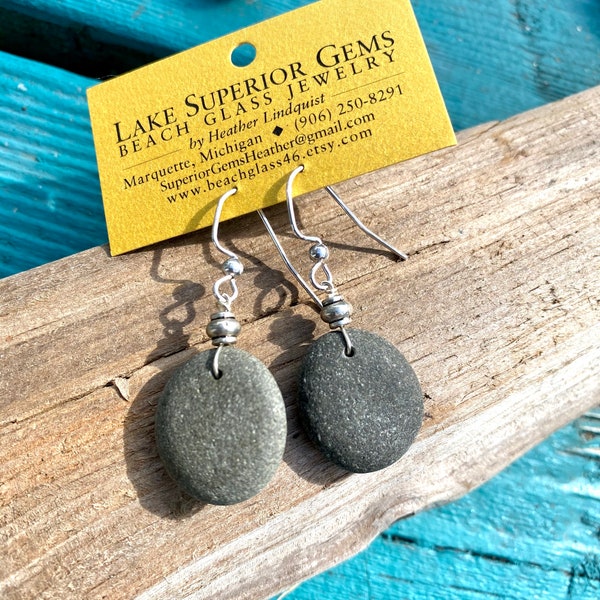 Lake Superior BASALT  Grey Zen Stone Earrings Handcrafted Silver Dangle