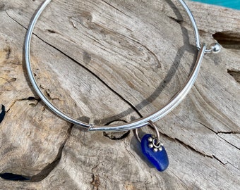 Simple Elegant  Lake Superior Rare Cobalt Blue Beach Glass Bangle Bracelet