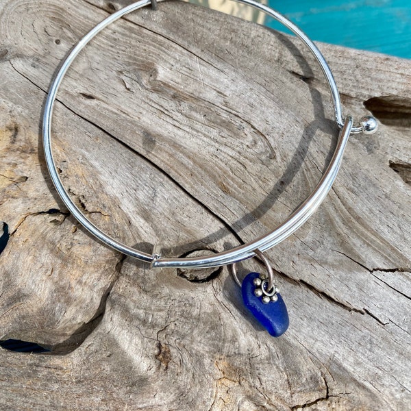 Simple Elegant  Lake Superior Rare Cobalt Blue Beach Glass Bangle Bracelet