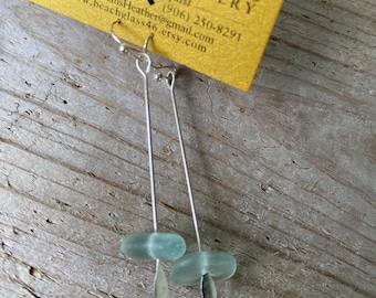 Authentic Sea Foam Lake Superior Beach Glass Dangle Earrings w/ Whimsical Silver Accent Bead