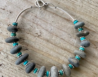 Lake Superior Basalt Zen Stone Bead Bracelet with turquoise and silver