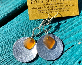 Funky Dangly Vibrant ORANGE AMBER Beach Sea Glass Earrings w Hammered Silver Disks