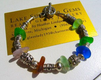 Chunky Multicolor LAKE SUPERIOR Beach Glass Bracelet with Silver Beads