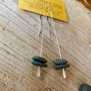 Lake Superior Speared and Stacked Zen Stone Dangle Earrings in basalt and silver