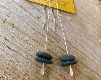 Lake Superior Speared and Stacked Zen Stone Dangle Earrings in basalt and silver