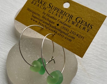 Vibrant Tiny Double Seafoam Lake Superior Beach Glass Hoop Earrings Sterling