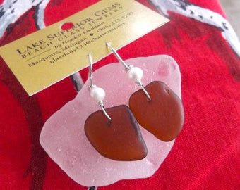 Dangly Root Beer Amber Lake Superior Beach Glass Earrings w/ FreshWater Pearl SHIP TODAY