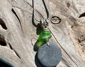 One of a Kind Lake Superior Zen Stone Pendant Necklace with Small stack of Lake Superior Sea Foam Beach Glass