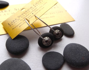 Lake Superior BASALT Zen Stone HOOP Earrings Handcrafted w Tibetan Silver Bead